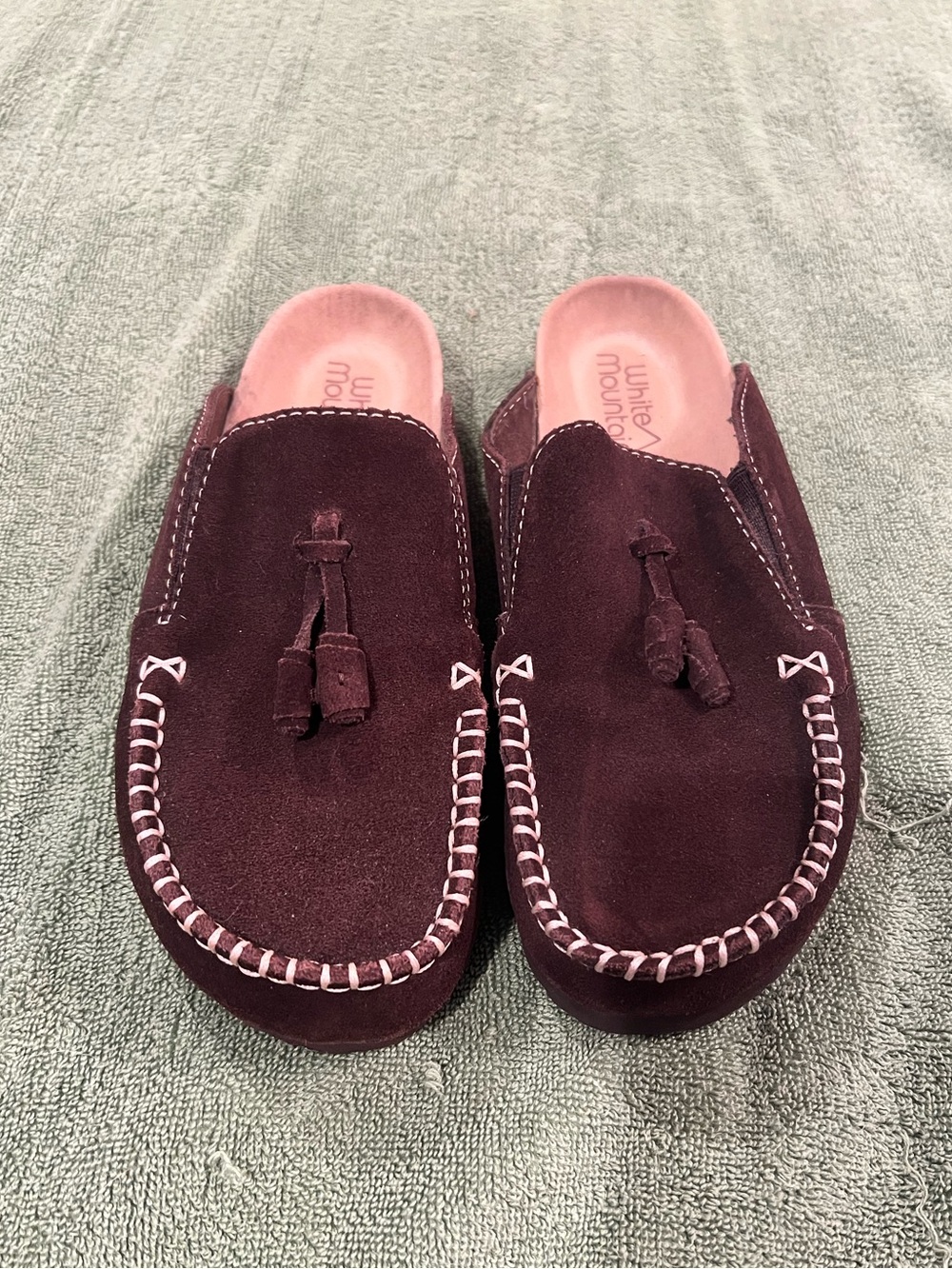 White Mountain Tassel Slip-On Loafers - Dark Brown Suede with Whipstitching.